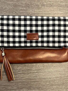 Funky Monkey Buffalo Check Foldover Clutch Plaid Wristlet Brown Vegan Leather